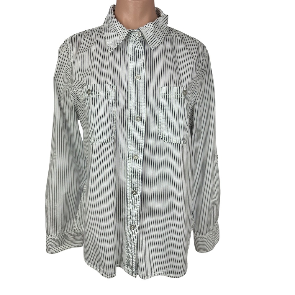 Seven7 Womens White Navy Blue Striped Cotton Roll Tab Button Down Shirt Large